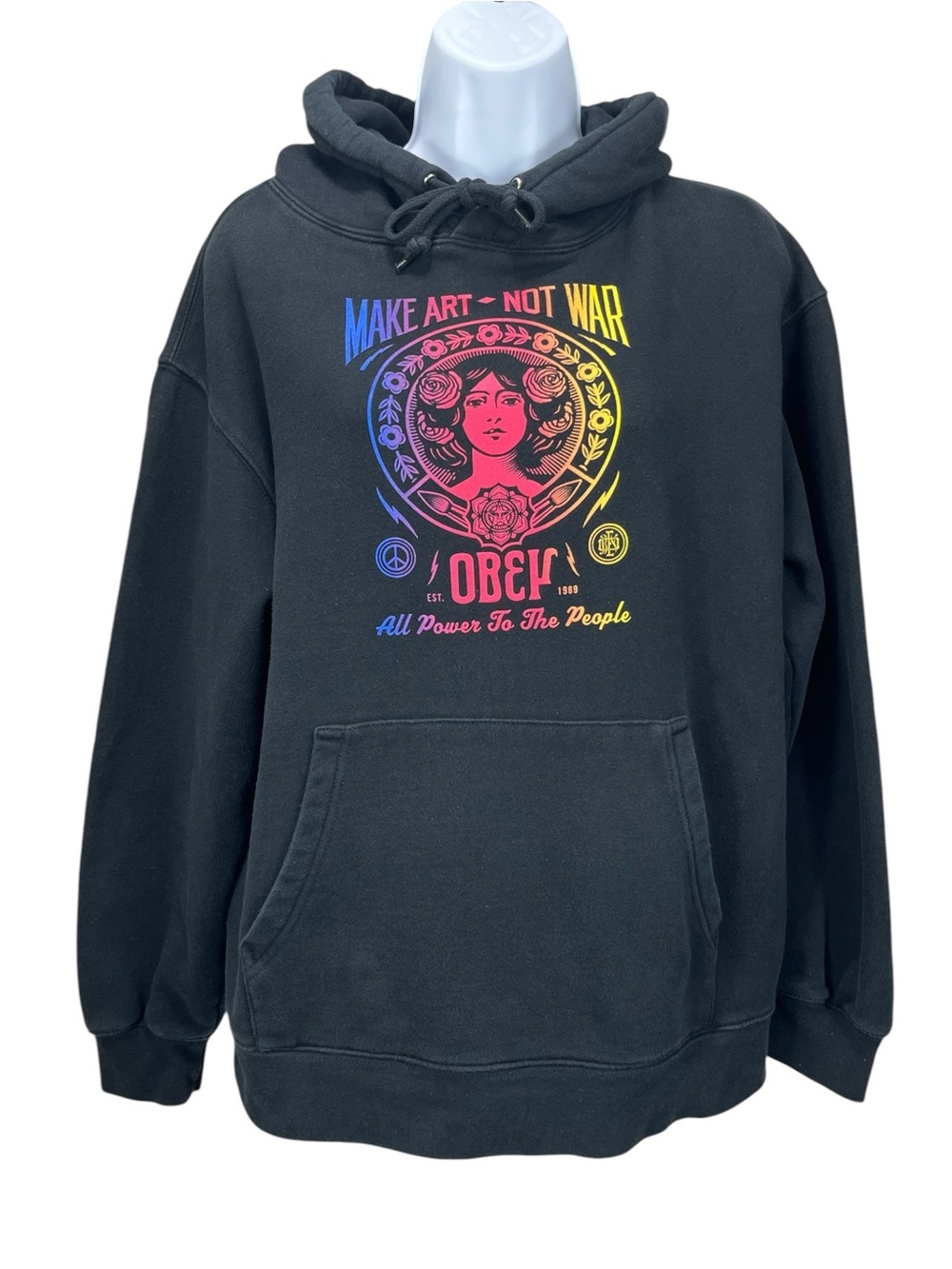 OBEY Worldwide Women’s Large Make Art Not War Graphic Hoodie Black Rainbow